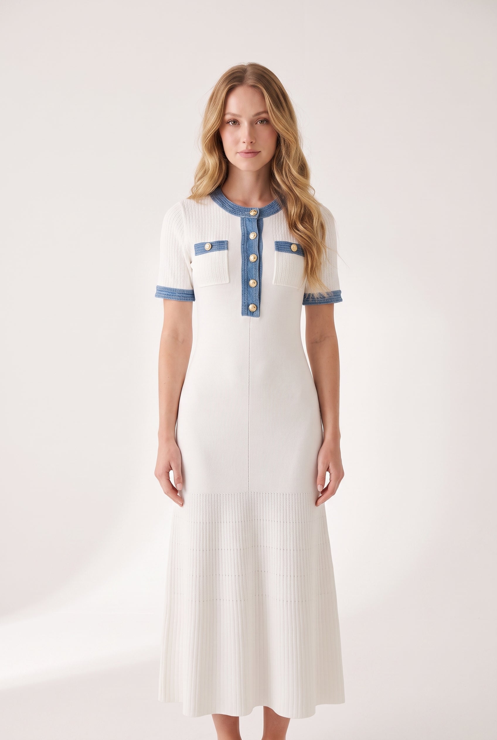 Megan Denim White Maxi Dress - pose