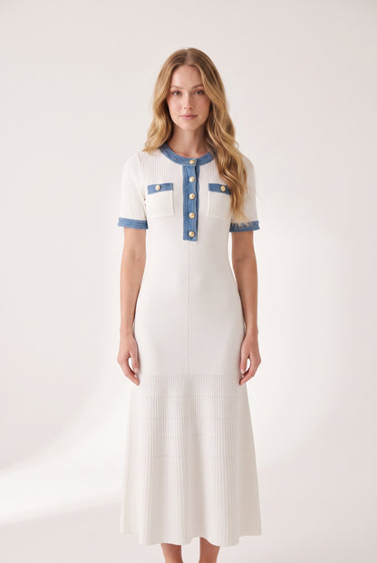 Megan Denim White Maxi Dress - pose
