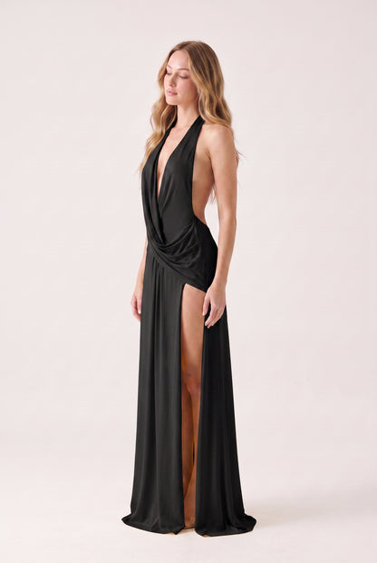 Megan Halter Neck Backless Maxi Dress - black - side