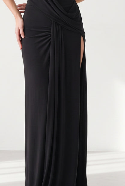 Megan Halter Neck Backless Maxi Dress - black - detail-drape