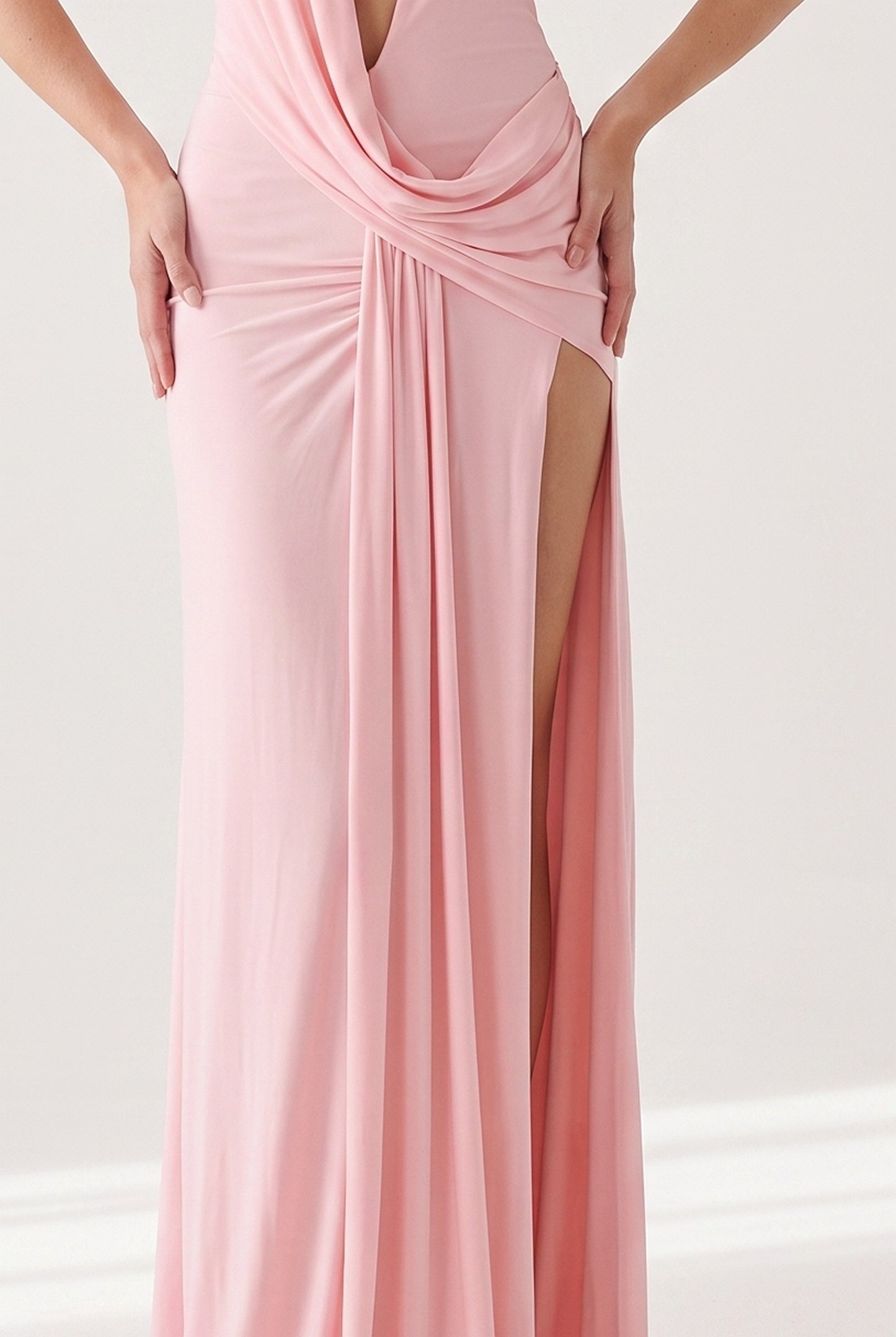 Megan Halter Neck Backless Maxi Dress - pink - detail-drape