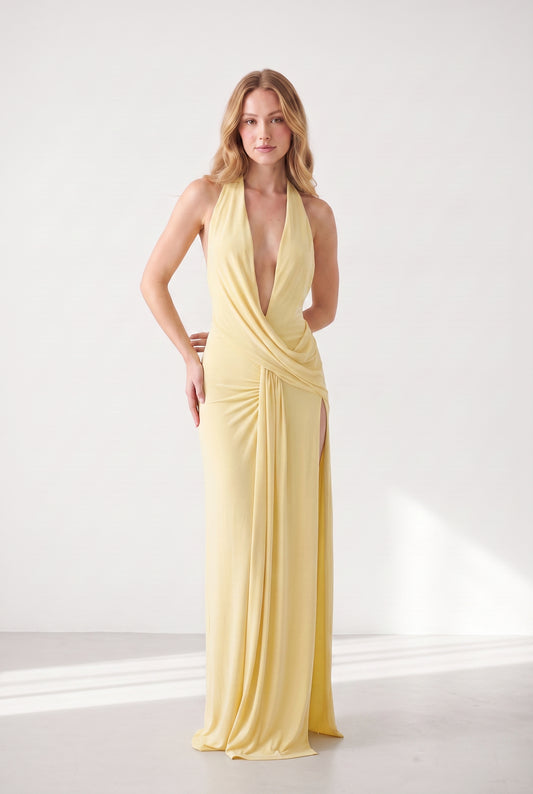Megan Halter Neck Backless Maxi Dress - yellow - front