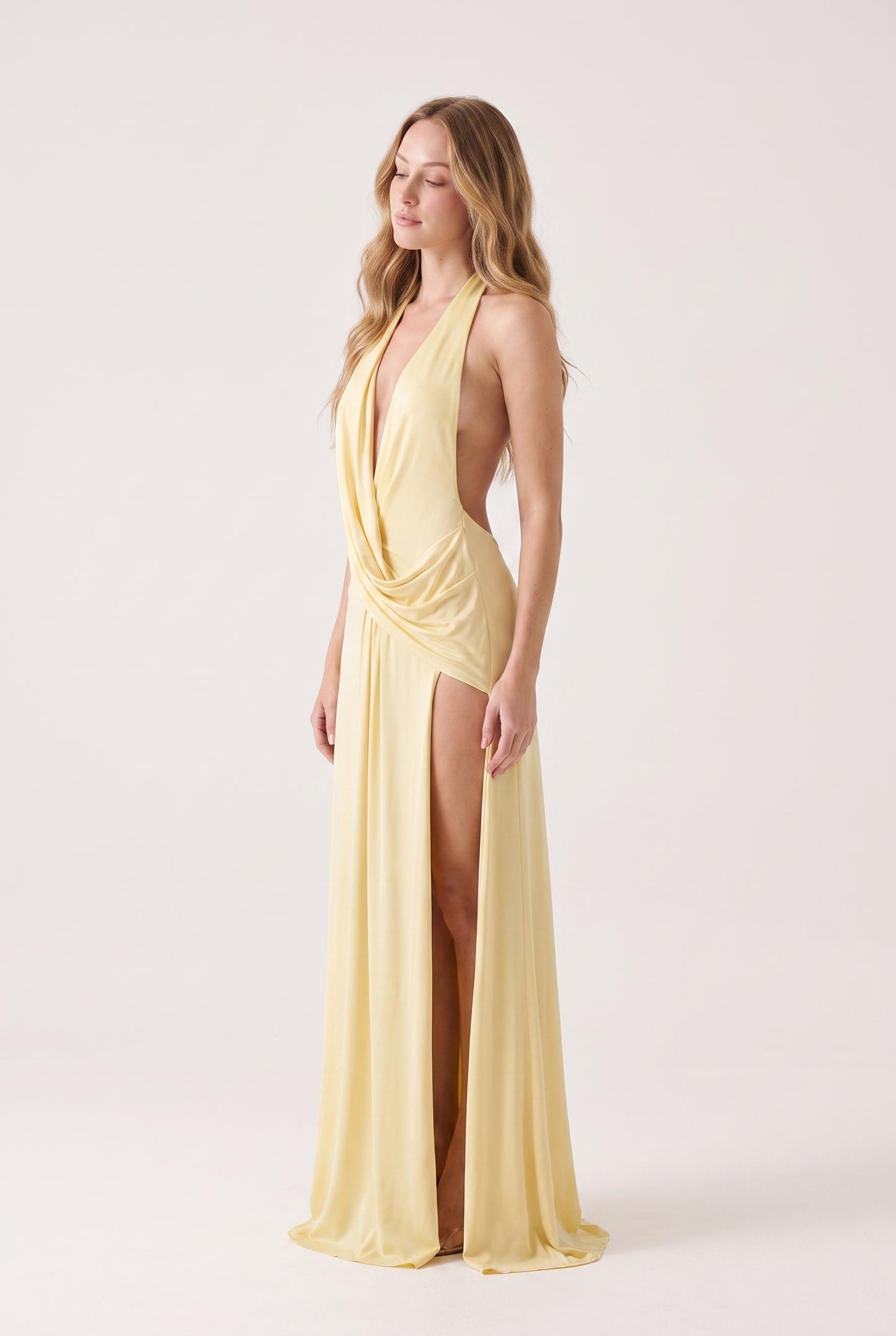 Megan Halter Neck Backless Maxi Dress - yellow - side