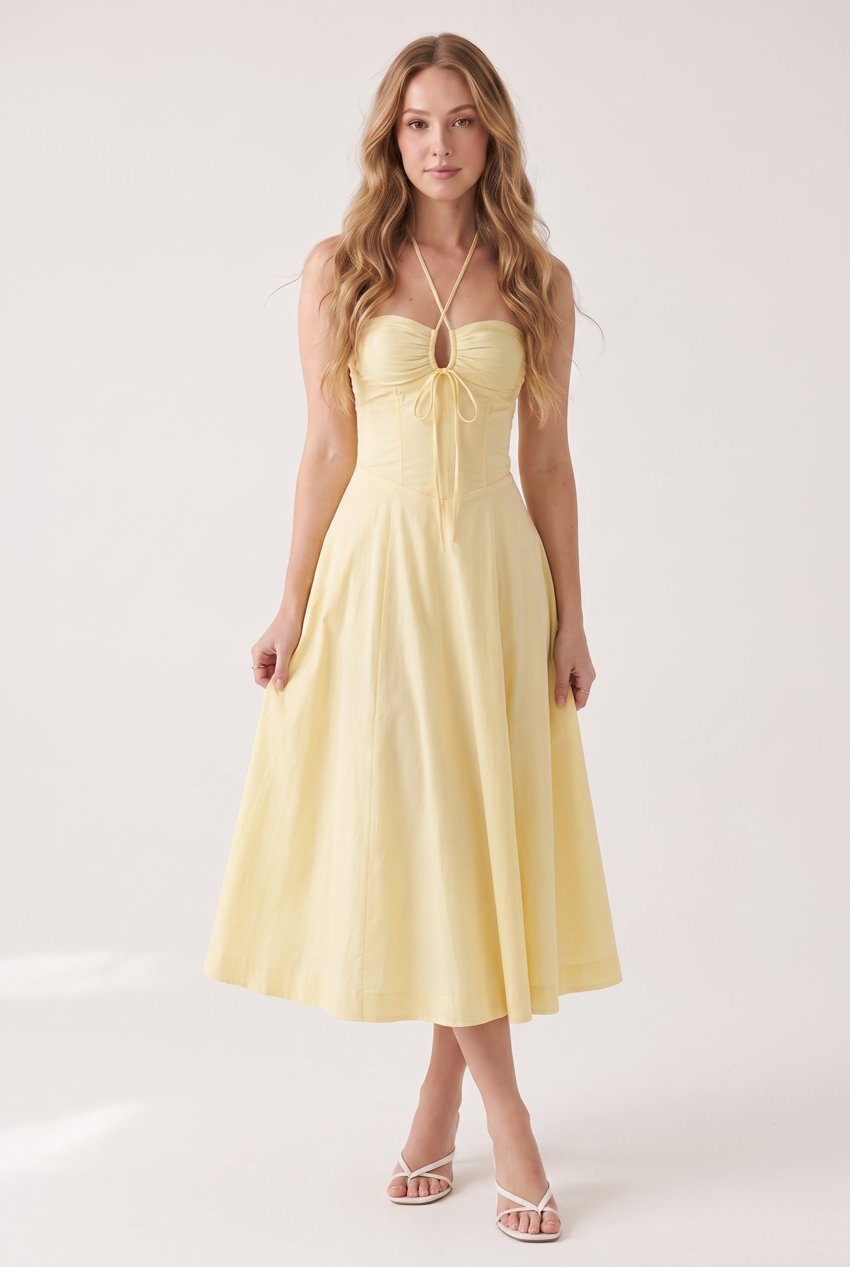 Megan Ruched Midi Dress - yellow - front